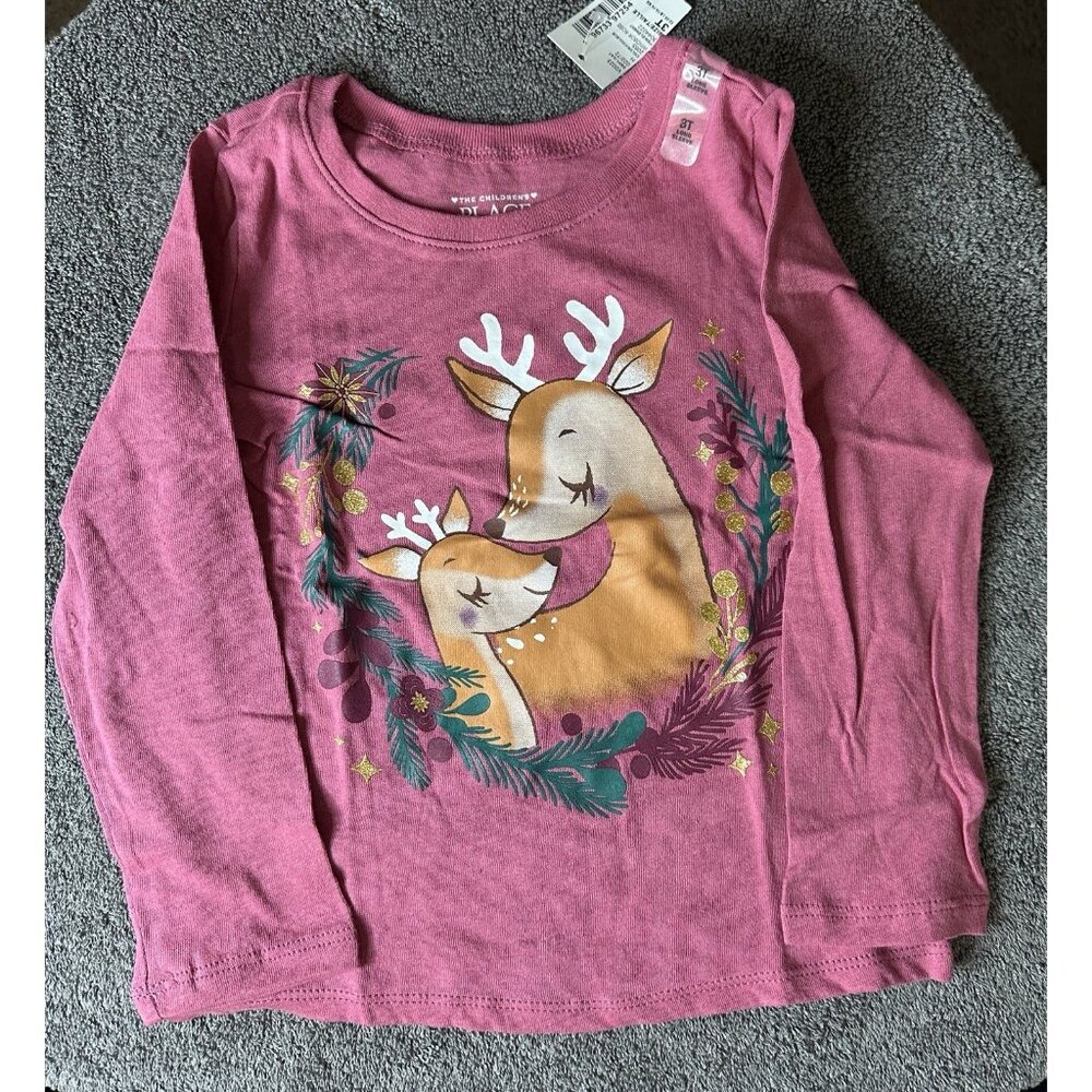 The Children’s Place Toddle Girl Windsor Rose Pink Deer Long Sleeve Shirt Sz 2T
